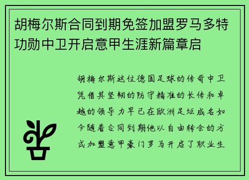 胡梅尔斯合同到期免签加盟罗马多特功勋中卫开启意甲生涯新篇章启